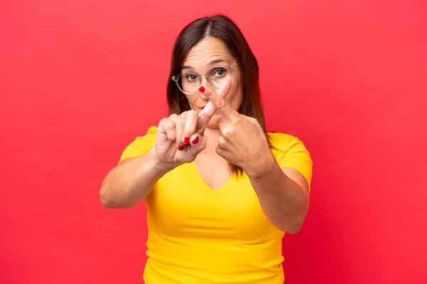 Middle Aged Caucasian Woman Isolated Red Background Making Stop Gesture — Stock Photo, Image