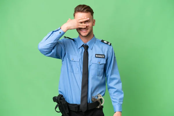 Ung Polis Man Över Isolerad Bakgrund Täcker Ögon Med Händer — Stockfoto
