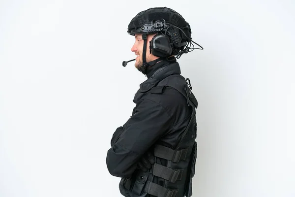 Swat Man Isolated White Background Lateral Position — Stock Photo, Image