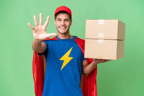 Super Hero Delivery Man Isolated Background Counting Five Fingers — Stock Photo, Image