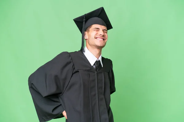 Jovem Graduado Universitário Caucasiano Sobre Fundo Isolado Sofrendo Dor Nas — Fotografia de Stock