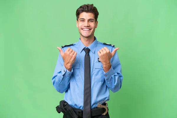 Young Police Man Isolated Background Thumbs Gesture Smiling — Stock Photo, Image