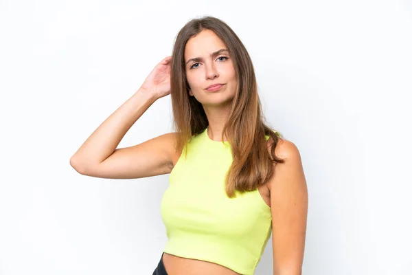 Young Caucasian Woman Isolated White Background Having Doubts — Stock Photo, Image