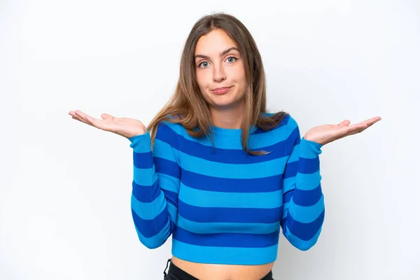 Young Caucasian Woman Isolated White Background Having Doubts While Raising — Stock Photo, Image