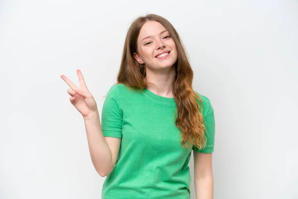 Jonge Mooie Vrouw Geïsoleerd Witte Achtergrond Glimlachen Tonen Overwinning Teken — Stockfoto