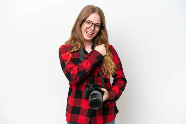 Ung Fotograf Vacker Kvinna Isolerad Vit Bakgrund Firar Seger — Stockfoto