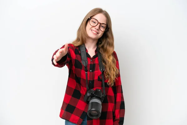Ung Fotograf Vacker Kvinna Isolerad Vit Bakgrund Skakar Hand För — Stockfoto
