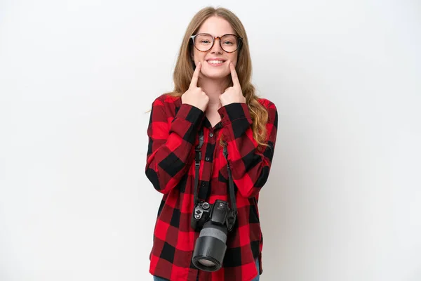 Ung Fotograf Vacker Kvinna Isolerad Vit Bakgrund Ler Med Ett — Stockfoto
