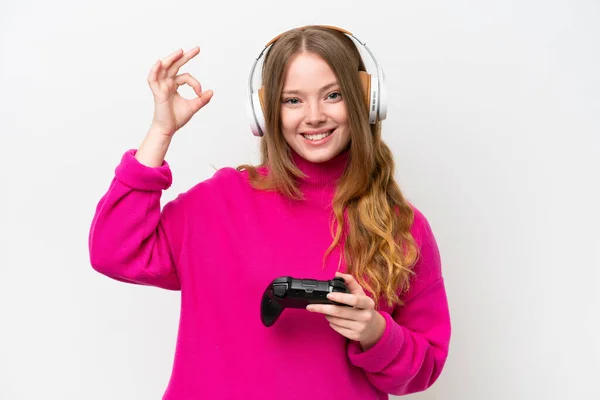 Giovane Bella Donna Che Gioca Con Controller Videogioco Isolato Sfondo — Foto Stock