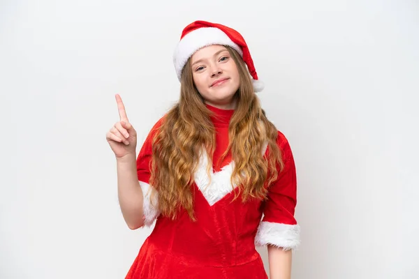 Mladá Běloška Žena Vánoční Šaty Izolované Bílém Pozadí Ukazující Zvedající — Stock fotografie
