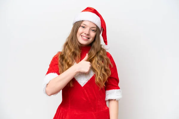 Giovane Donna Caucasica Con Abito Natale Isolato Sfondo Bianco Dando — Foto Stock