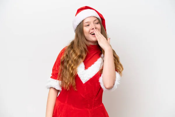 Giovane Donna Caucasica Con Abito Natale Isolato Sfondo Bianco Sbadigliando — Foto Stock