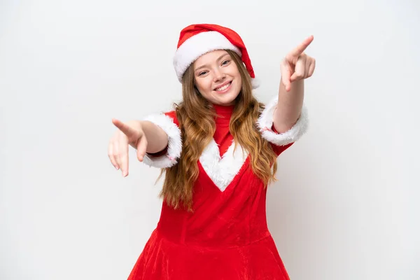 Mladá Běloška Žena Vánoční Šaty Izolované Bílém Pozadí Ukazuje Prst — Stock fotografie