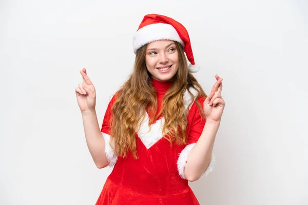 Jovem Caucasiana Com Vestido Natal Isolado Fundo Branco Com Dedos — Fotografia de Stock