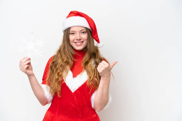 Ung Kaukasiska Kvinna Med Jul Klänning Håller Snöflinga Isolerad Vit — Stockfoto