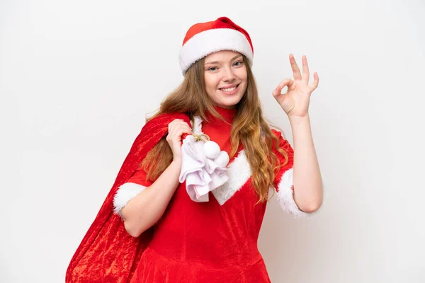 Ung Kaukasiska Kvinna Med Jul Klänning Håller Julsäck Isolerad Vit — Stockfoto