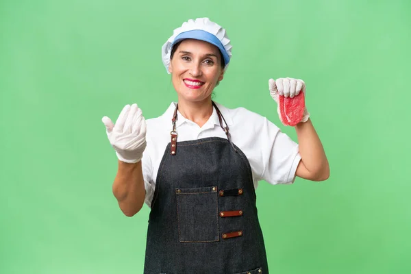 Butcher Woman Wearing Apron Serving Fresh Cut Meat Isolated Background Stock Picture
