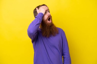 Sarı arka planda sakallı kızıl saçlı bir adam yan tarafa bakarken sürpriz jest yapıyor.