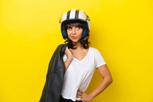 Young Latin Woman Motorcycle Helmet Isolated Yellow Background — Stock Photo, Image