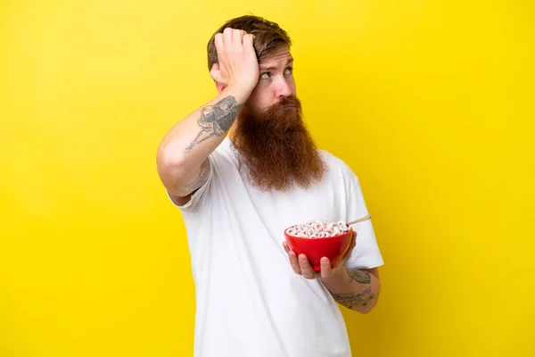 Redhead Man Beard Eating Bowl Cereals Isolated Yellow Background Having — Stock Photo, Image
