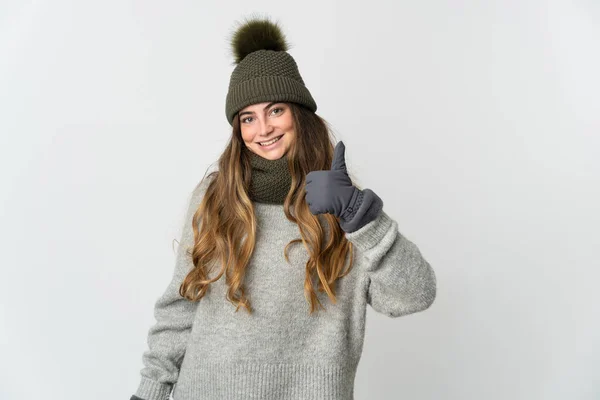 Young Caucasian Woman Winter Hat Isolated White Background Giving Thumbs — ストック写真