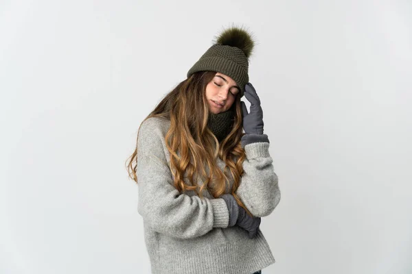 Young Caucasian Woman Winter Hat Isolated White Background Headache — Stock Photo, Image