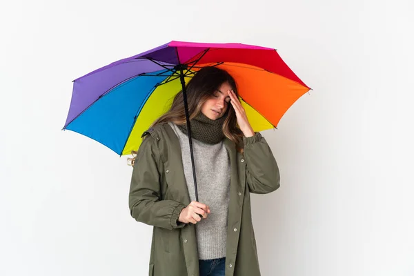 Beyaz Arka Planda Başağrısı Olan Şemsiyesi Olan Beyaz Bir Kadın — Stok fotoğraf