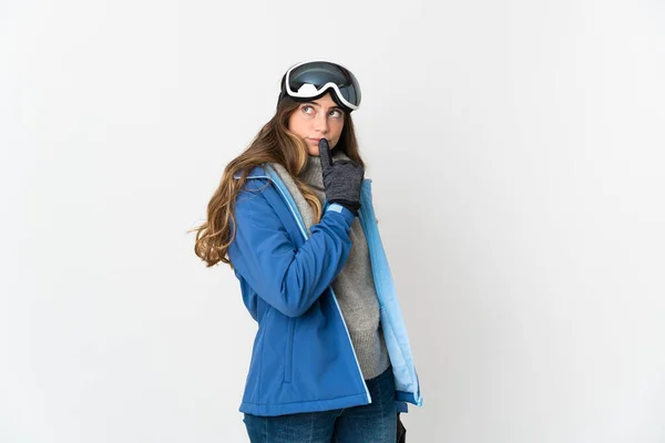 Chica Esquiadora Con Gafas Snowboard Aisladas Sobre Fondo Blanco Que —  Fotos de Stock