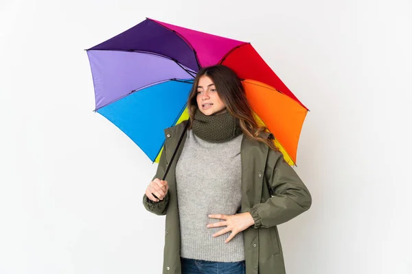 Beyaz Arka Planda Şemsiyesi Olan Beyaz Saçlı Genç Bir Kadın — Stok fotoğraf