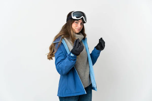 Skier Κορίτσι Γυαλιά Snowboarding Απομονώνονται Λευκό Φόντο Κάνοντας Χειρονομία Χρήματα — Φωτογραφία Αρχείου
