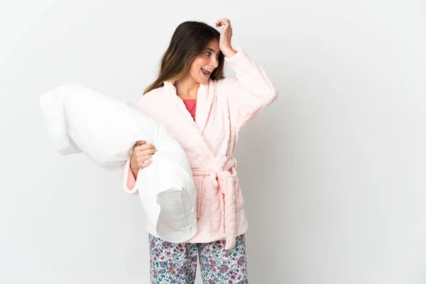 Jonge Blanke Vrouw Geïsoleerd Witte Achtergrond Pyjama Van Plan Oplossing — Stockfoto