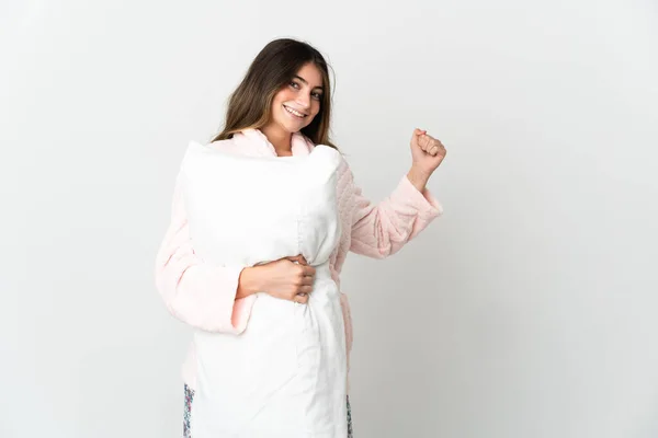 Young Caucasian Woman Isolated White Background Pajamas Holding Pillow Celebrating — Stock Photo, Image