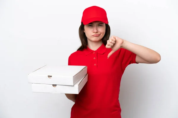 Young Russian Pizza Delivery Picking Pizza Boxes Isolated White Background — 스톡 사진