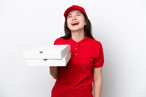 Young Russian Pizza Delivery Picking Pizza Boxes Isolated White Background — стоковое фото