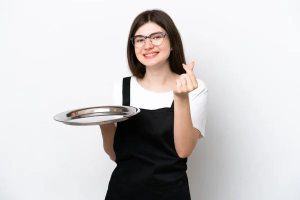 Jeune Femme Chef Russe Avec Plateau Isolé Sur Fond Blanc — Photo