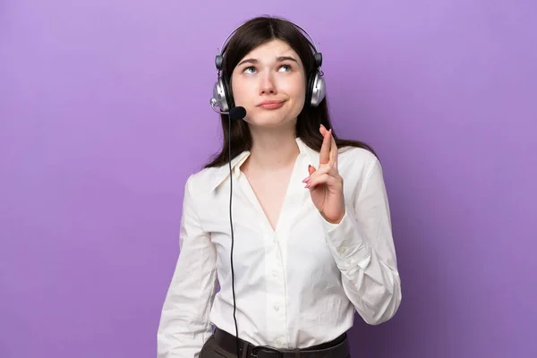 Telemarketer Russian Woman Working Headset Isolated Purple Background Fingers Crossing — Stock Photo, Image