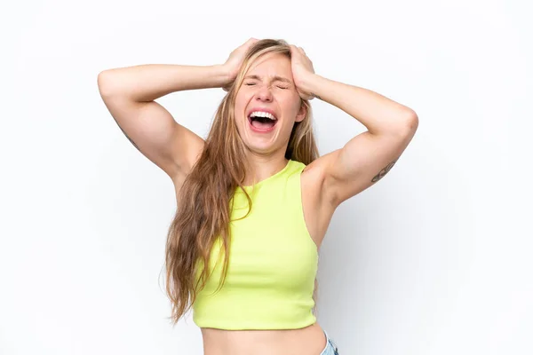 Jonge Kaukasische Vrouw Geïsoleerd Witte Achtergrond Lachen — Stockfoto