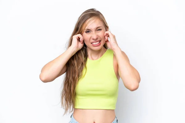 Young Caucasian Woman Isolated White Background Frustrated Covering Ears — Stock Photo, Image