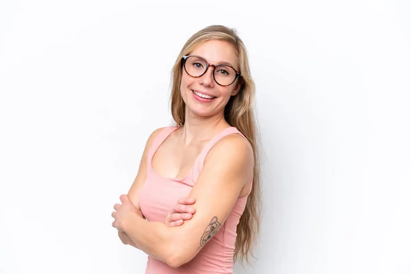 Young Caucasian Woman Isolated White Background Arms Crossed Looking Forward — Stock Photo, Image