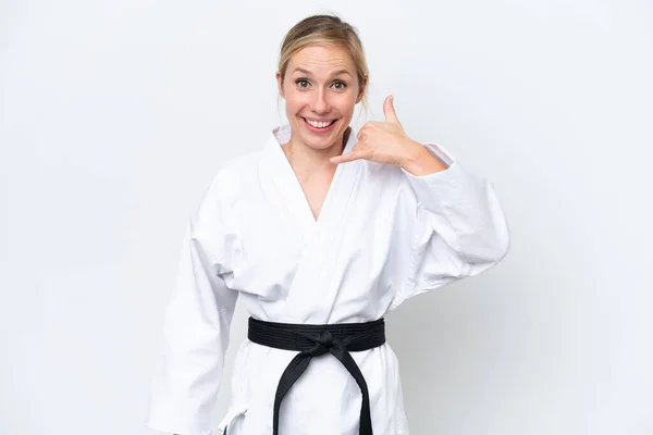 Young Caucasian Woman Doing Karate Isolated White Background Making Phone — Stock Photo, Image