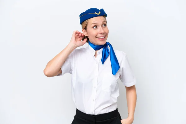 Flugzeug Blonde Stewardess Frau Isoliert Auf Weißem Hintergrund Denken Eine — Stockfoto