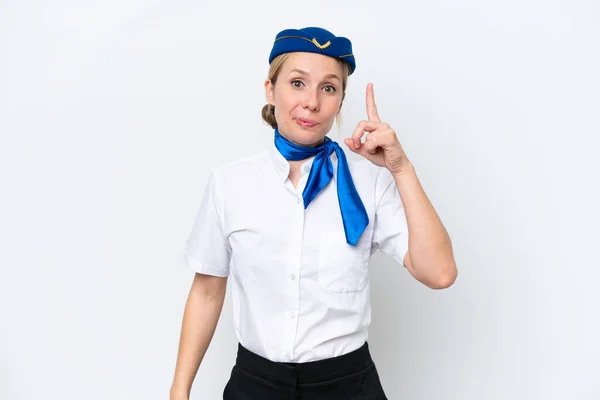 Flugzeug Blonde Stewardess Frau Isoliert Auf Weißem Hintergrund Zeigt Mit — Stockfoto