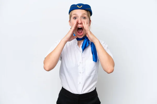 Flugzeug Blonde Stewardess Frau Isoliert Auf Weißem Hintergrund Schreien Und — Stockfoto