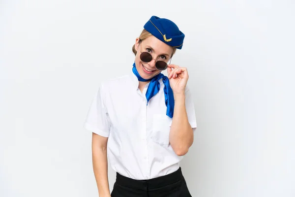 stock image Airplane blonde stewardess woman isolated on white background with glasses and happy