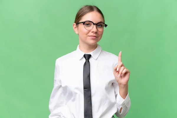 Young Business Caucasian Woman Isolated Background Pointing Index Finger Great — Stock Photo, Image