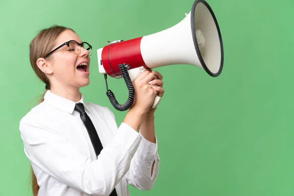 Young Business Caucasian Woman Isolated Background Shouting Megaphone — Stock Photo, Image
