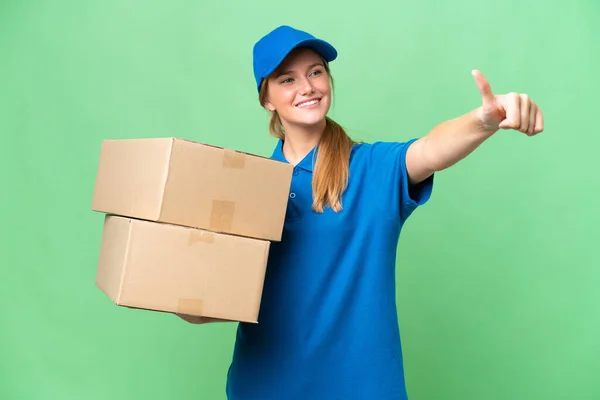 Delivery Caucasian Woman Isolated Background Giving Thumbs Gesture — Stock Photo, Image