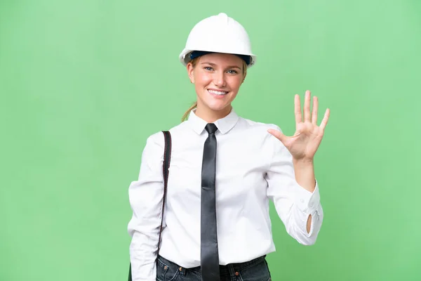 Young Architect Caucasian Woman Helmet Holding Blueprints Isolated Background Counting — Stock Photo, Image