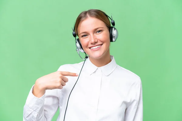 Telemarketer Caucasian Woman Working Headset Isolated Background Surprise Facial Expression — Stock Photo, Image