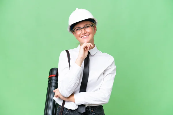 Young Architect Caucasian Woman Helmet Holding Blueprints Isolated Background Glasses — Stock Photo, Image